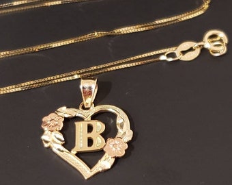 14K Solid Gold Pendant Heart Flower Initial Letter Charm A-Z Necklace With Or Without Box Chain , Graduation/Bridesmaids/Birthday/Wedding