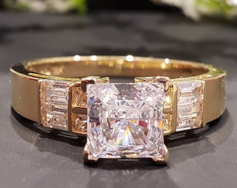 2.25Ct 14K Solid Gold Cathedral Princess Cut Side Stones Engagement Wedding Ring