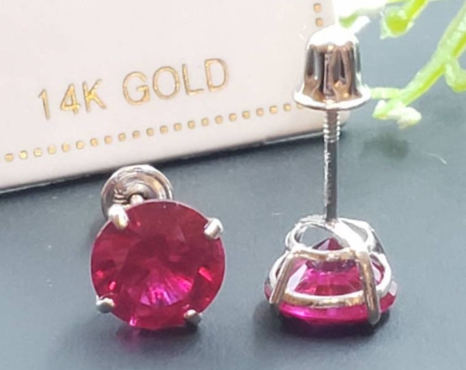 14K Solid Gold Ruby Earring July Birthstone Colors Screw Backing Earring with 4 Prong Setting