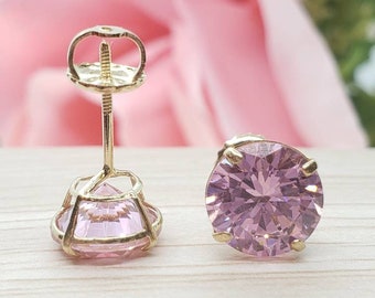 Pink  • Brilliant Cut Basket Prong • Solitaire •14K Solid White or Yellow Gold Earring  • With Secure Backing