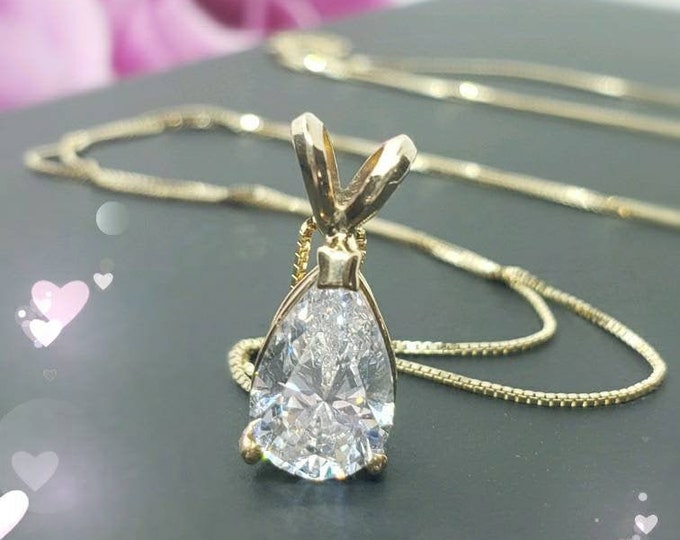 14K SOLID GOLD •  Tear Drop Pear Cut Solitaire Simulated Diamond or Moissanite  • Pendant With 18" Inches Necklace •