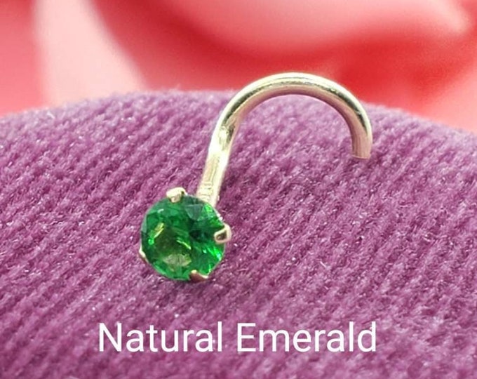 Genuine Real Emerald Nose Stud ,  14K Solid Gold in Twisted Crooked Screw, L-Shaped , Ball End Bar 22GA 20 GA 18GA