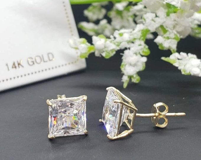 14K Solid Gold Princess Square Cut White CZ's Push Backing Earring with 4 Prong 3 mm - 8 mm