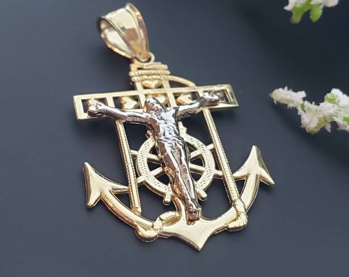 14K Solid Yellow Gold Jesus Christ Crucifix Mariner Anchor Pendant Religious Charm Crucifix  4 sizes Available 2 colors.