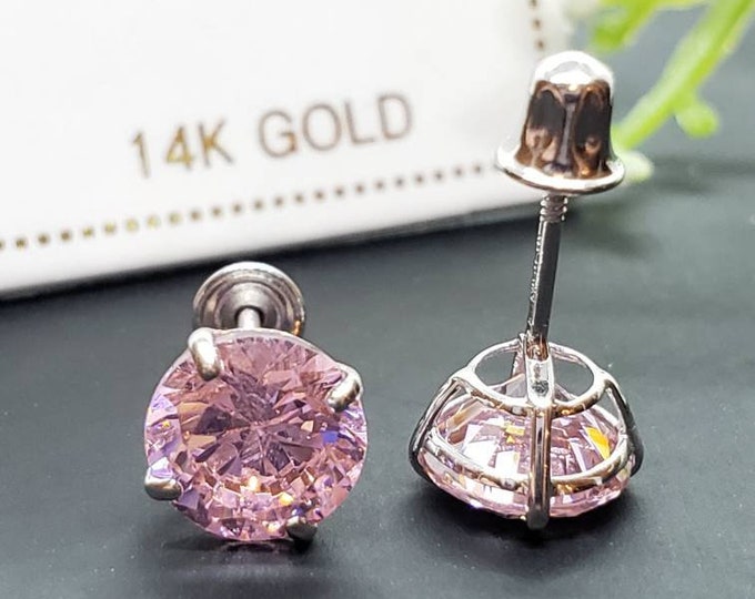 14K Solid Gold Pink Earring October Birthstone Colors Screw Backing Earring with 4 Prong Setting