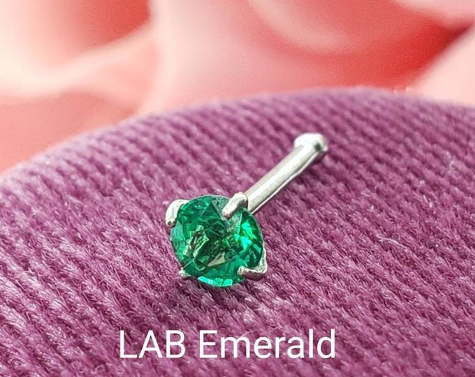 LAB Emerald Nose Stud ,  14K Solid Gold in Twisted Crooked Screw, L-Shaped , Ball End Bar 20 GA.