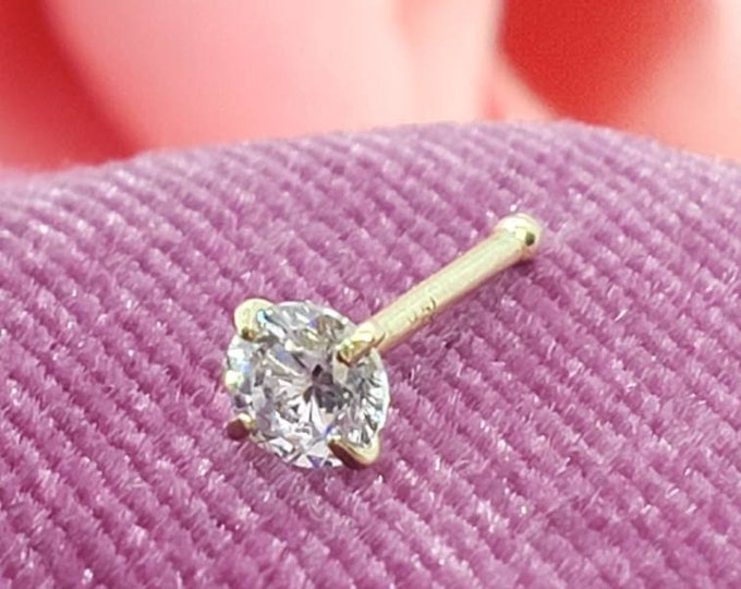 Genuine LAB DIAMOND 14K Solid Real Gold , LAB Diamond Nose Stud, Bone Ball End Nose Stud 20GA" 1.00 mm -3.50 mm