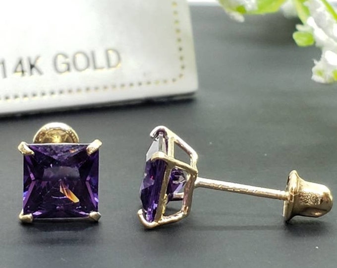 14K Solid Gold Amethyst Earring Princess Square Cut February Birthstone Colors Screw Backing Earring with 4 Prong Setting