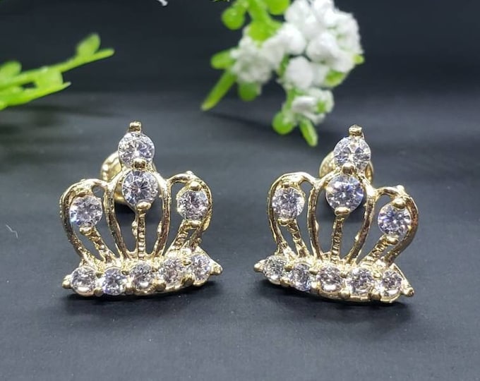 14K Real Yellow Gold • Crown CZ Earring  • Baby Secure Screw Backs • Cute Small  Earrings •  Kids Girl Birthday Earrings