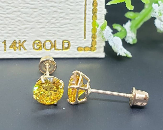 14K Solid Yellow Gold Citrine Earring November Birthstone Colors Screw Backing Earring with 4 Prong Setting