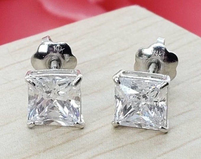 1.00 Ctw - 4.00 Ctw • Square Cut • Basket Prong Princess •14K Solid White , Yellow , Rose Earring  • With Diamond Secure Backing