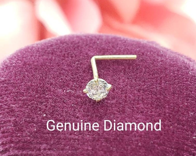 Genuine Real Diamond Nose Stud , S1 Color GHI, 14K Solid Gold in  L-Shaped Ends, 20 GA, Real Genuine Natural Diamond, Nose Ring.