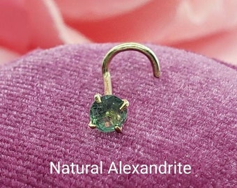 Genuine Real Alexandrite Nose Stud ,  14K Solid Gold in Twisted Crooked Screw, L-Shaped , Ball End Bar 20 GA.