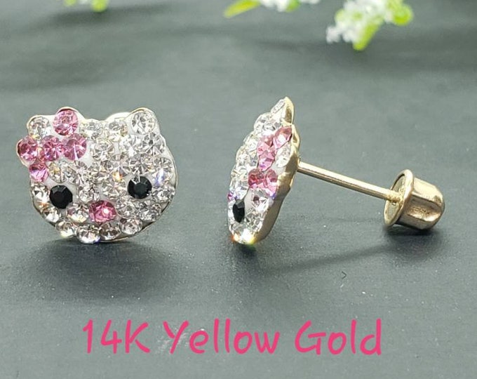 14K Yellow Gold • Kitty Cat Head Earring Crystal  • Meow Cat Lover Earrings • Screw Backs • Cute Crystal Earrings • Girls / Kids Earrings