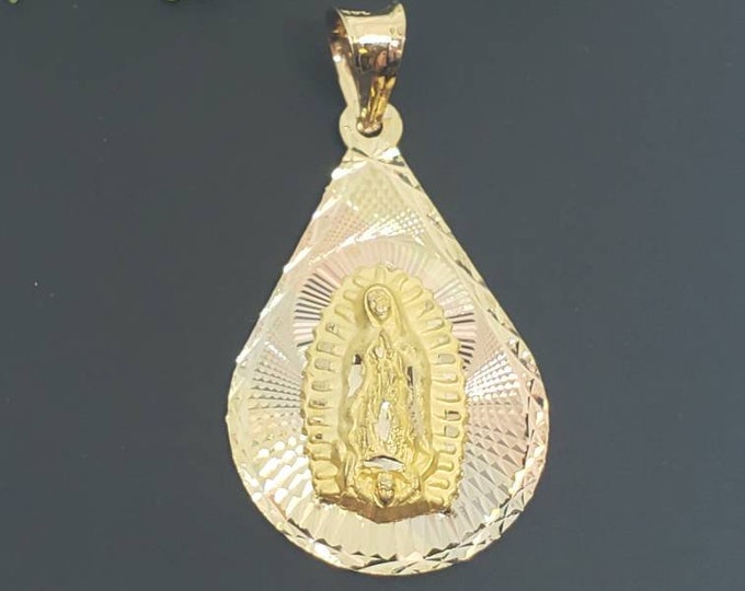 14K Solid 3 Tone Real Gold Tear Drop Style Guadalupe Stamp Religious Pendant
