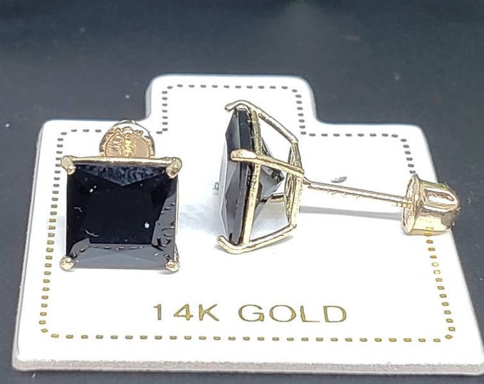 14K Solid Gold Princess Square Cut Black Screw Backing Earring with 4 Prong 3 mm - 8 mm