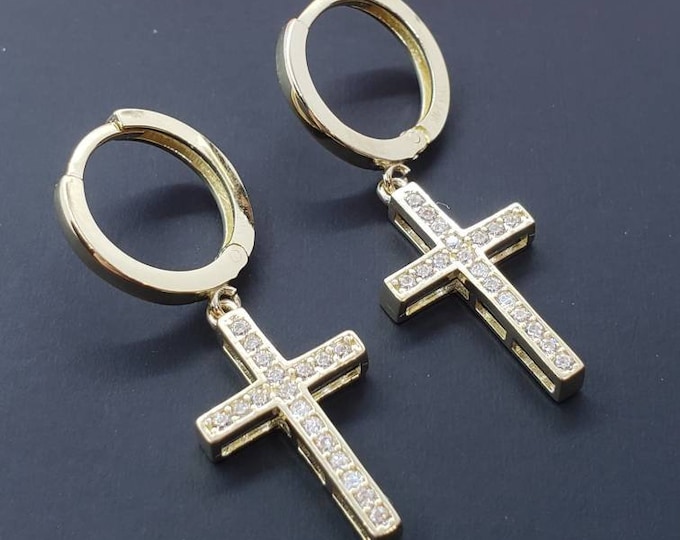 14K Solid Gold • Cross Earrings Hoops • Huggies  •  High Quality Stones  • Men's or Womens's Earrings •