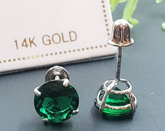 14K Solid Gold Emerald Earring May Birthstone Colors Screw Backing Earring with 4 Prong Setting