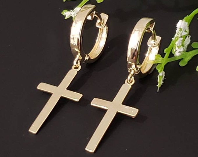 14K Solid Gold • Cross Plain Yellow Gold Earrings Hoops • Huggies  • 2.25 mm x 12.00 mm • Men's or Women's Earrings •