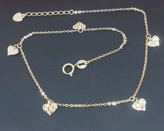 ANKLET 14K Yellow Gold • Heart Diamond Cut Dainty Dangle Charm • Anklets Ankle Bracelet Foot Bracelet  • 9 +1 " Inches •