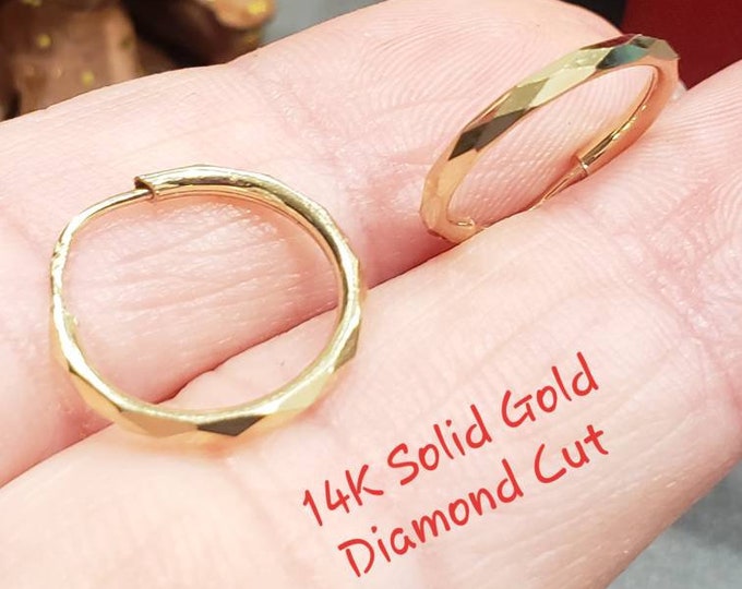 14k Solid Gold • 14K Solid Gold 1.50 MM Diamond Cut Plain Hoops Sleeper Huggies High Polished  • 13 mm - 65 mm •