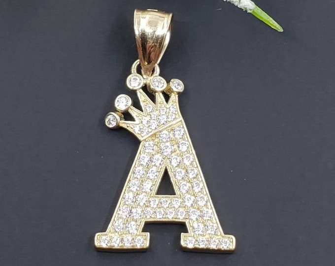 10K Solid Gold Pendant Crown Initial Letter Charm A-Z  with Cubic Zirconia Stones , Graduation/Bridesmaids/Birthday/Wedding/Shower ,