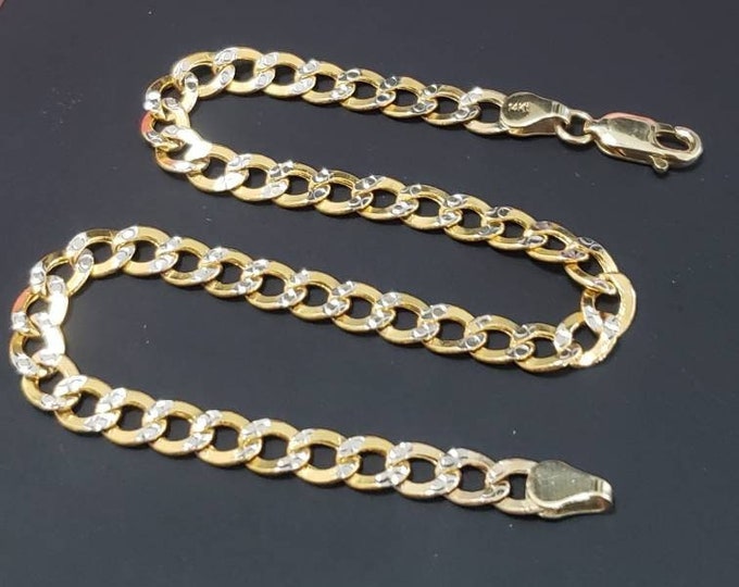 14K Real Yellow Gold White Pave Diamond Cut Cuban Chain 3.50mm 4.30mm 5.4mm 6.6mm