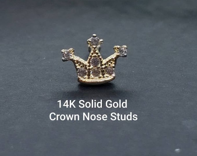 14K Solid Gold , Ball Ends Nose Stud, Crown Design With Diamond Nose Stud,  Nostril Piercing