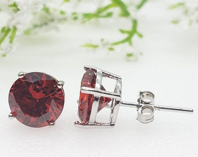 2mm-8mm Round January Color Red Garnet Diamond CZ Solid 925 Sterling Silver Solitaire Stud Post Earrings Round Mens Womens Earrings