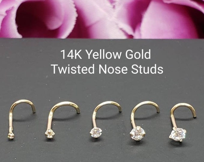 14K Solid Yellow Gold , Curve Bar Nose Stud, Diamond Nose Stud, Twist Micro Nose, Screw Nose Stud 20 Gauge, Hypoallergenic, Perfect Quality.