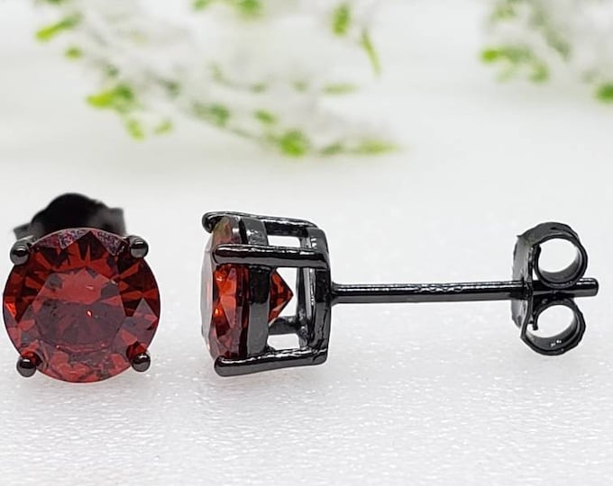 Solid 925 Sterling Silver Garnet CZ's or Genuine Natural Garnet Gemstone Solitaire Stud Post Earrings Round Mens Womens Earrings