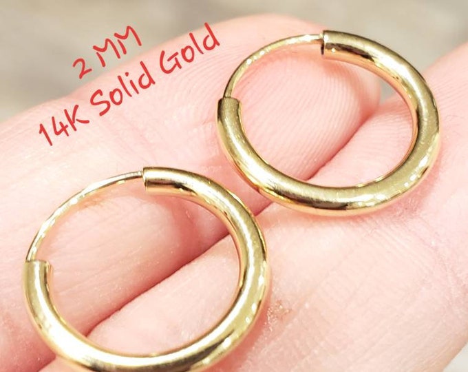 14K Real Gold • 2.00 mm Plain Hoops , Classic Sleeper Earrings Solid Gold Hoop Earrings  • Endless Gold Mini Hoop • 15 mm - 65 mm •