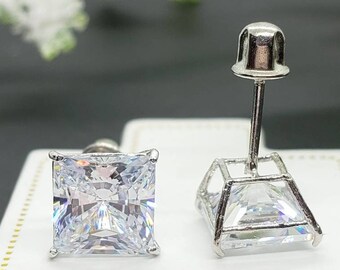 2 Ct Princess Cut Created Diamond Stud Earrings In 14K White Gold – VVS1 Clarity, D Color, Screw Back