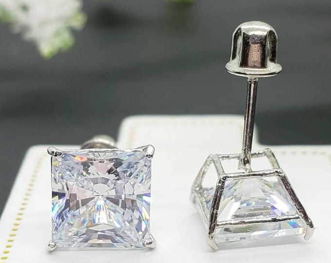 14K White Gold  Simulated Diamond Square Cut Princess Square Cut Earring With Secure Backing