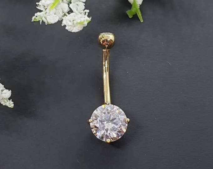 14K Solid Gold •  Solitaire  Round Comfortable  • Belly Button NAVEL• Body Piercing Jewelry• Belly Ring •  Navel Piercing •5 mm 6 mm 7mm •