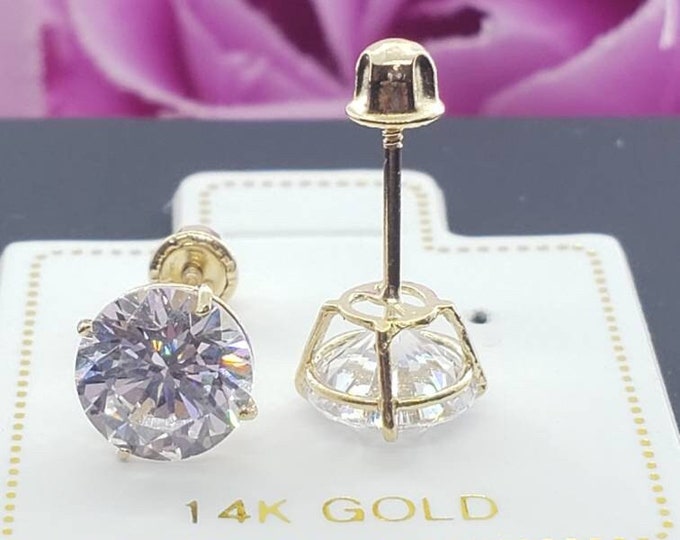 2mm-8mm Brilliant Cut Solitaire Round 14K Solid Yellow Gold Earring with Baby Secure Backing