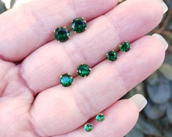 14K Real Gold Emerald Earring May Birthstone Colors Screw Backing Earring with 4 Prong Setting