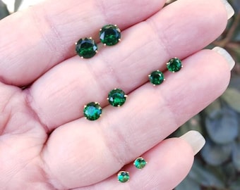 14K Real Gold Emerald Earring May Birthstone Colors Screw Backing Earring with 4 Prong Setting