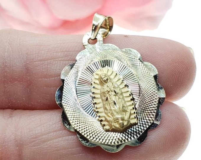 14K Solid Gold Diamond Cut Guadalupe 3D Pendant Charm in 3 sizes