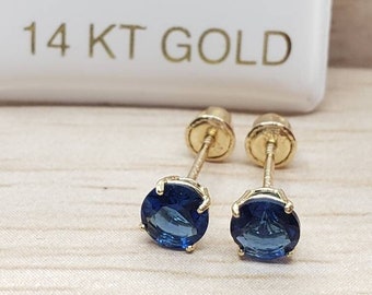 14K Real Gold Blue Sapphire Earring September Birthstone Colors Screw Backing Earring with 4 Prong Setting