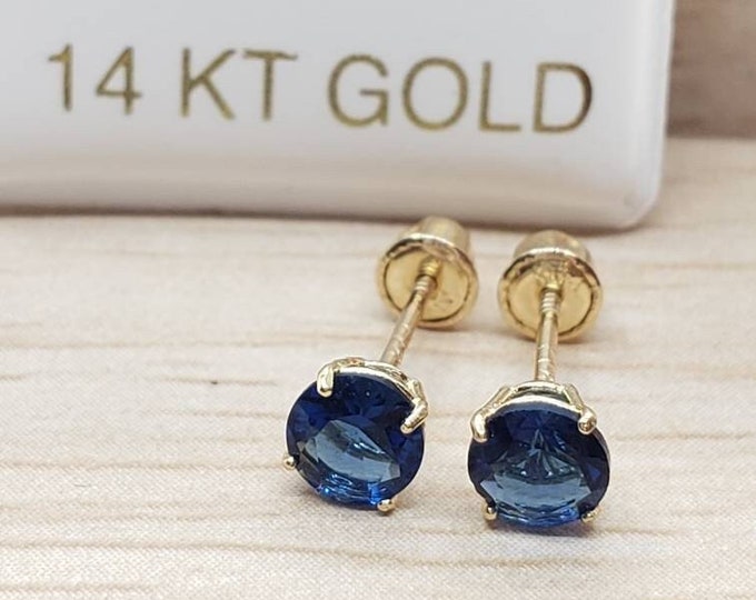 14K Real Gold Blue Sapphire Earring September Birthstone Colors Screw Backing Earring with 4 Prong Setting