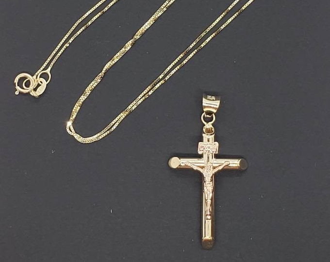 14K Solid Yellow Gold  Religious Crucifix Cross Pendant INRI Jesus Christ Charm Pendant