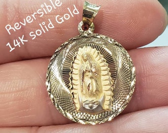 Reversible 2 in 1 Charm Pendant 14K Solid Gold Diamond Cut Guadalupe and Jesus Pendant S/L