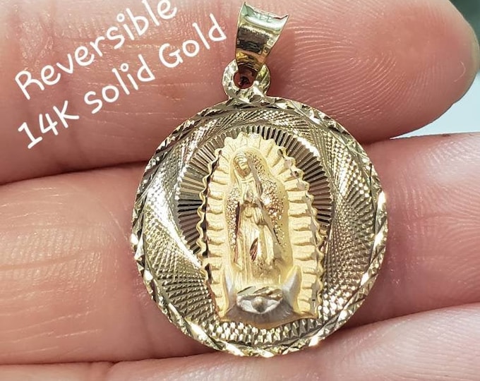 Reversible 2 in 1 Charm Pendant 14K Solid Gold Diamond Cut Guadalupe and Jesus Pendant S/L