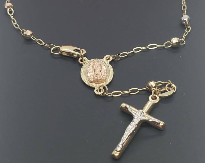 Real 14K Tri Tone Gold / white gold Rosary Beads Virgin Mary Cross  Jesus Rosario Religious Bracelet 7.25"