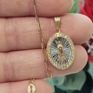 14K Solid Yellow Gold Diamond Cut Guadalupe Oval in Cubic Zirconia Pendant with or Without Box Chain 16 &quot; 18&quot; 20 &quot; 22 &quot;
