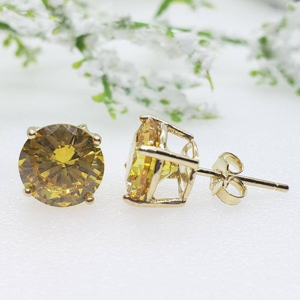 2mm-10mm Round Gold Plated Canary CZ Solid 925 Sterling Silver Solitaire Stud Post Earrings Round Mens Womens Earrings