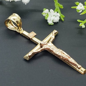 14K Yellow Gold Religious Crucifix Cross Pendant INRI Jesus Christ Charm Pendant Yellow Gold With Rose Gold 2 Tone Etsy