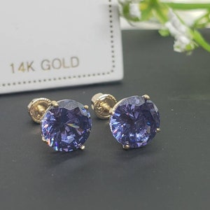 Tanzanite 14K Solid Yellow Gold Earring Screw Backing with 4 Prong Setting, Birthday, Gift, Anniversary, Christmas, Bridal, Wedding.
