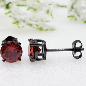 Solid 925 Sterling Silver Garnet CZ's or Genuine Natural Garnet Gemstone Solitaire Stud Post Earrings Round Mens Womens Earrings